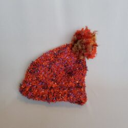Sharon Meade hat red w/ purple & pom pom
