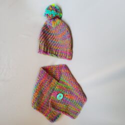 Sharon Meade hat and buttoned scarf set bright multi coloured